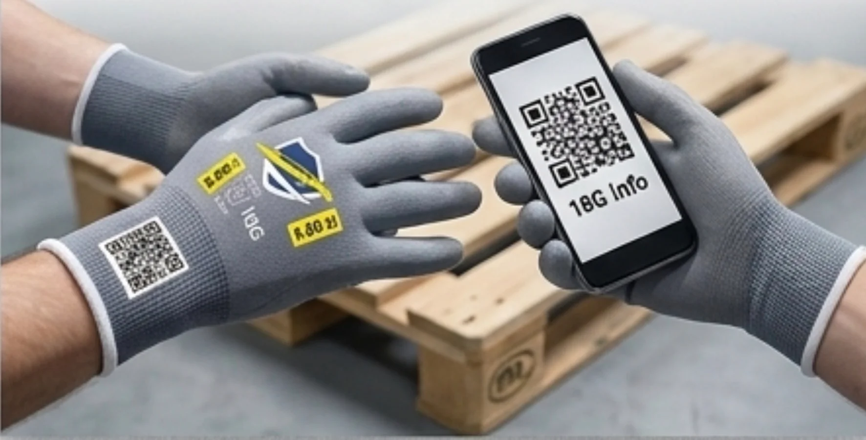 Rękawice ochronne z kodami QR oraz telefon pokazujący podstronę promocyjną modeli 18G i 21G
